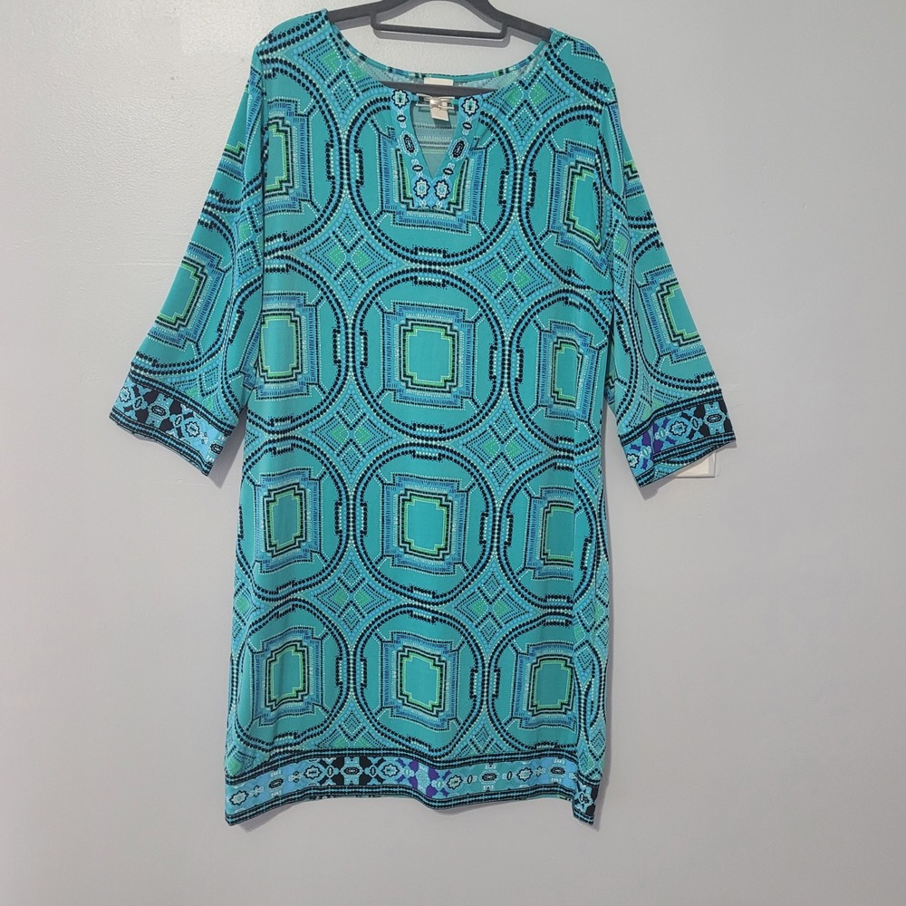 Chico's Shift Dress Size 2 Turquoise Geometric Medallion 3/4 Sleeve Slinky Knit